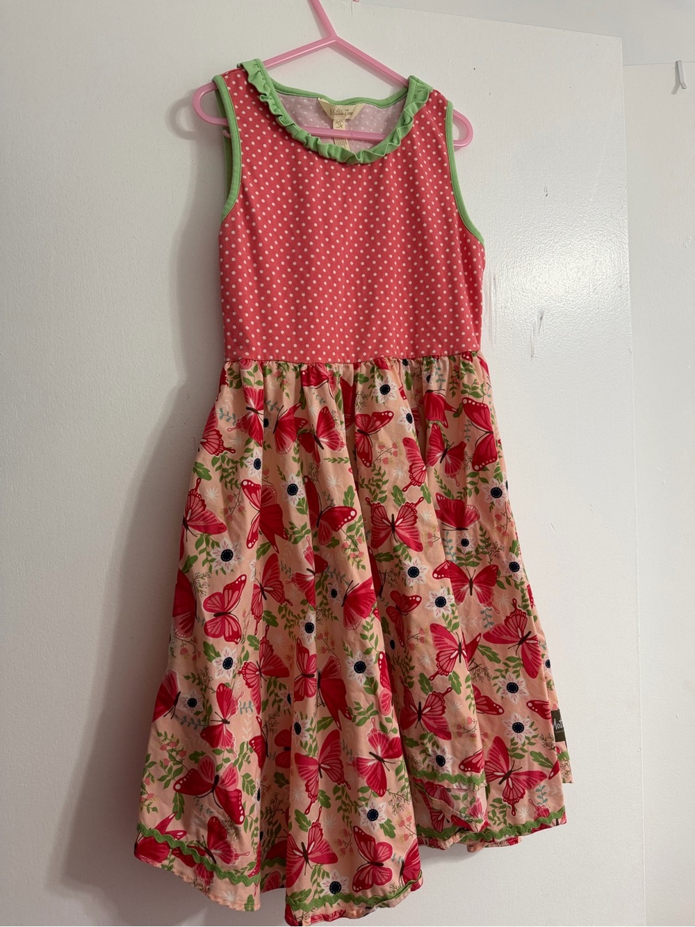 Matilda Jane Girls' Pink Butterfly Print Sleeveless Dress with Green Trim
